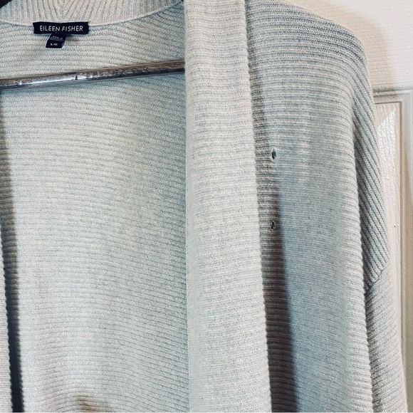 Eileen Fisher Light Gray Ribbed 100% Cashmere Long sleeve Shawl Open Cardigan L - Picture 16 of 16